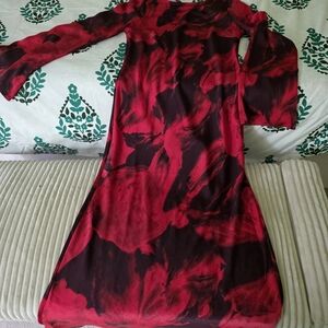 New Look Red and Black Long Sleeve Floral-Print Dress